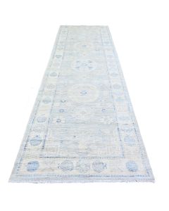 4'x12'1" Gray Hand Knotted White Wash Khotan Pomegranate Wool Runner Rug G74877