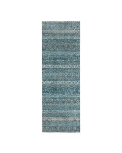 2'7"x7'7" Blue Small Geometric Design Pure Wool Hand Knotted Runner Rug G76393
