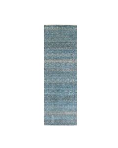 2'6"x7'8" Blue Hand Knotted Small Geometric Design Soft Wool Runner Rug G76395