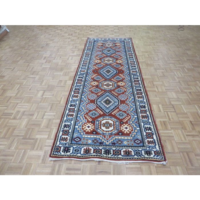 4 2 X 11 8 Hand Knotted Runner Rust Red Tribal Kazak Oriental Rug