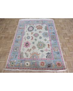 5'1 x 7 Hand Knotted Ivory Colorful Turkish Oushak Oriental Rug G15182