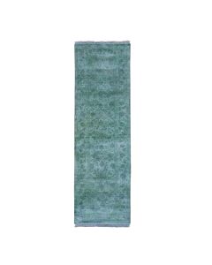 2'6"x8'3" Green Overdyed Fish Design Hand Knotted Oriental Rug G49044
