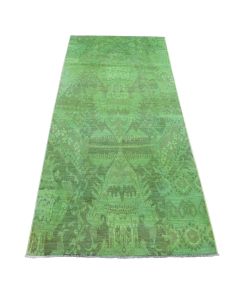 4'2"x10'5" Green Hand Knotted Overdyed Ikat Pure Wool Wide Runner Rug G80909