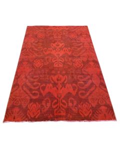 5'2"x8'3" Candy Apple Red Cast Overdyed Ikat Hand Knotted Pure Wool Rug G80920