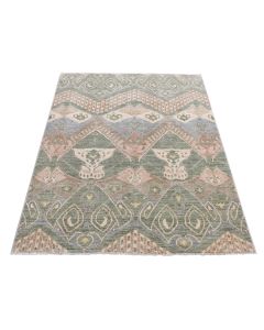5'1"x7'1" Green Multicolored Ikat Uzbek Design Pure Wool Hand Knotted Rug G80961