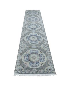 2'6"x12' Gray Silk with Wool Neo Classic Design Hand Knotted Runner Rug G87303